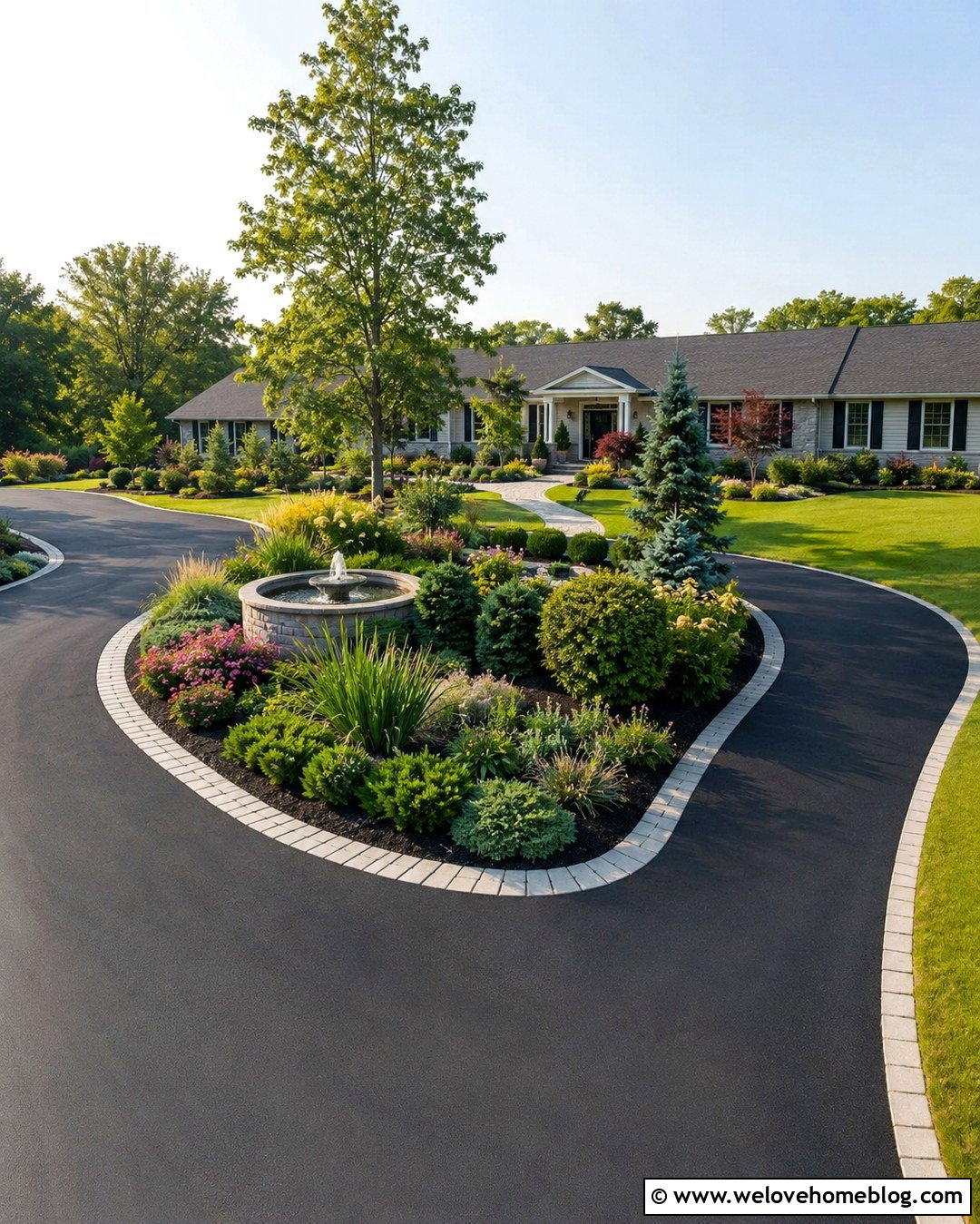 Asphalt Horseshoe Driveway With Center Fountain - 20 Water Fountain Driveway Ideas