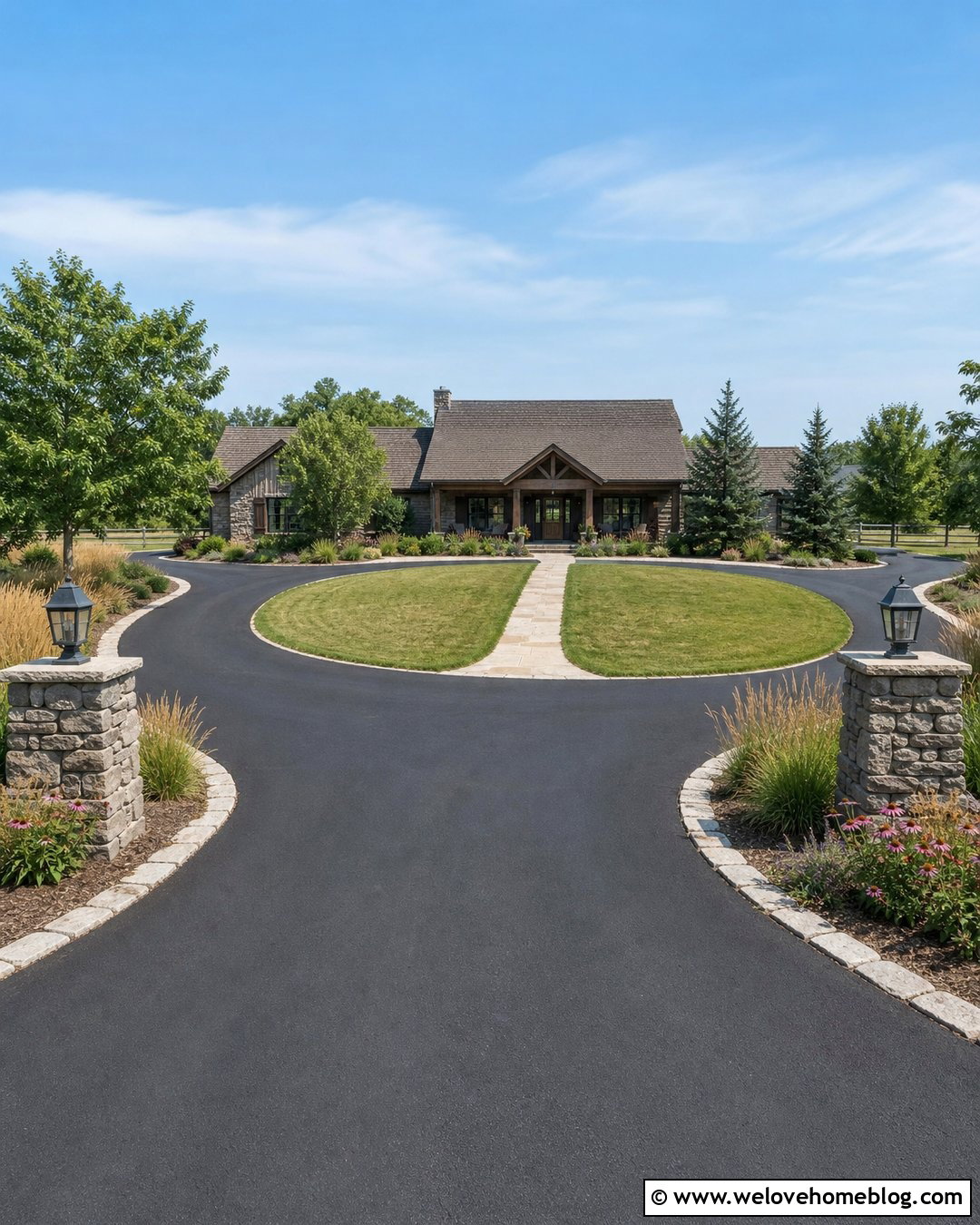 Asphalt Horseshoe Driveway With Stone Edging - 25 horseshoe driveway landscaping ideas