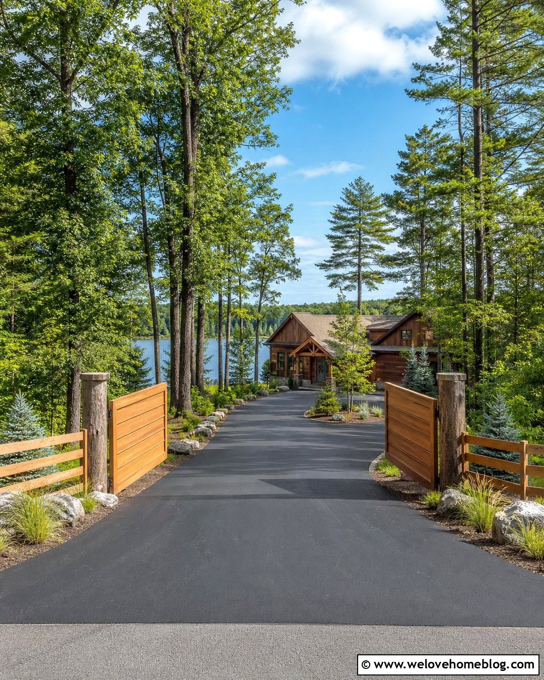 Asphalt Lake House Driveway Entrance With Cedar Gate - 20 Lake House Driveway Entrance Ideas