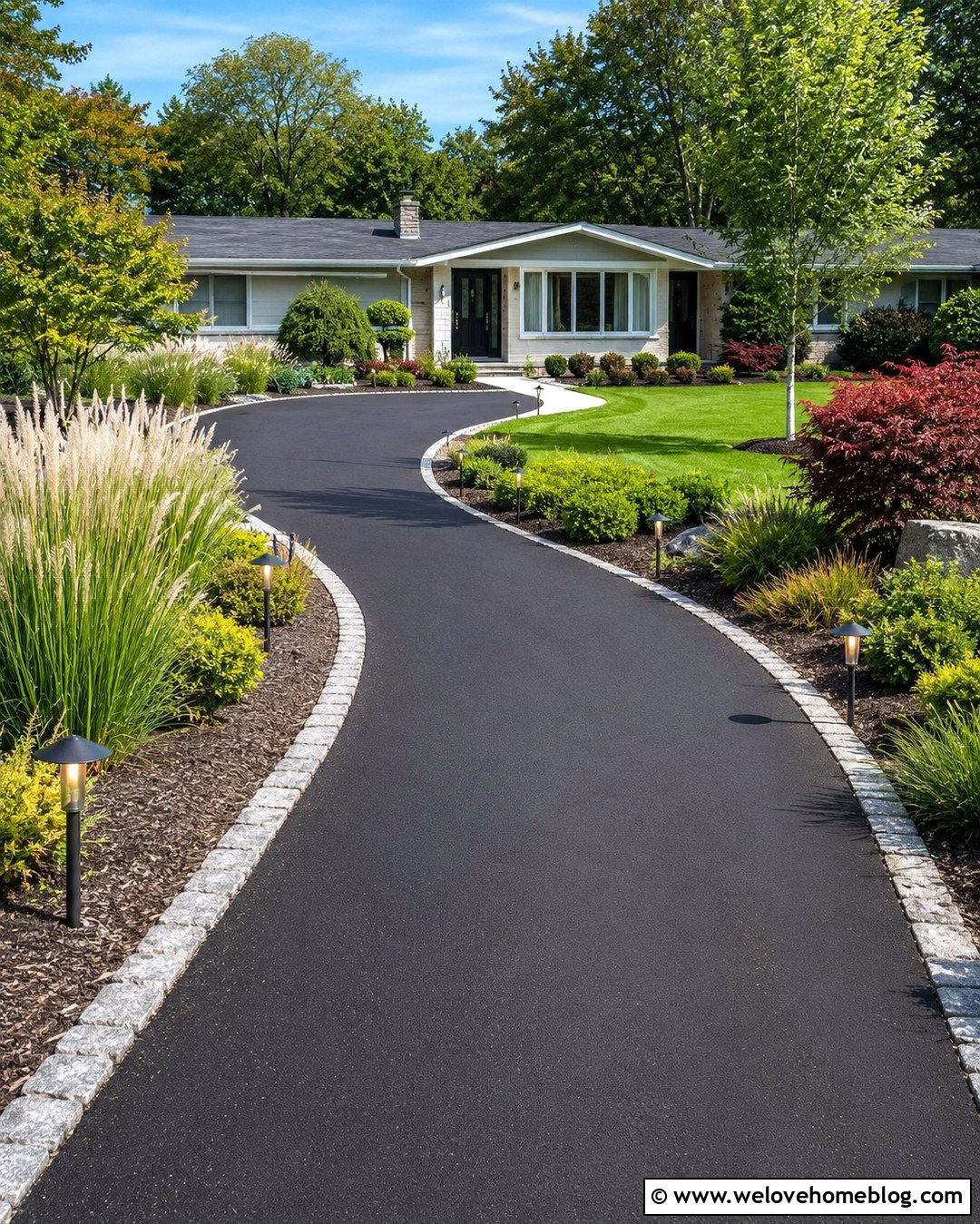 Asphalt Long Winding Driveway With Solar Lighting - 20 Long Winding Driveway Ideas