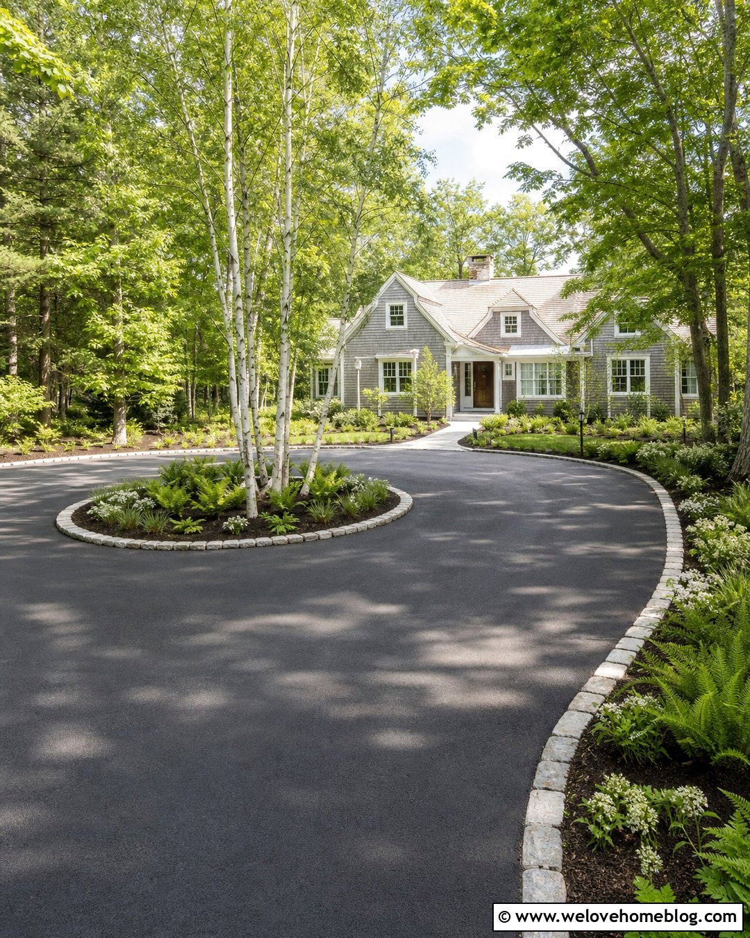 Asphalt Roundabout Driveway With Birch Trees - 35 Round About Driveway Landscaping Ideas