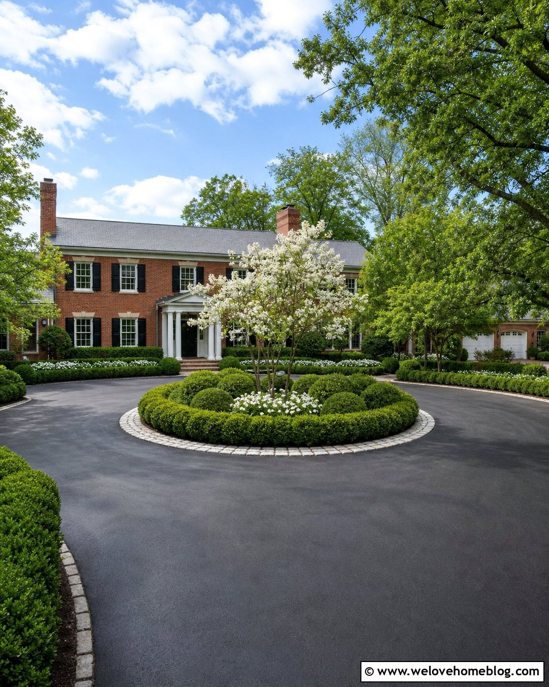 Asphalt Roundabout Driveway With Boxwood Island - 35 Round About Driveway Landscaping Ideas
