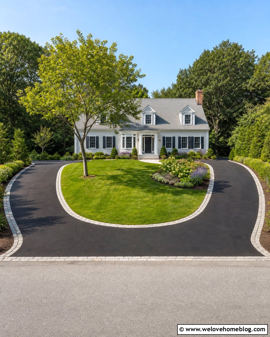Asphalt U Shaped Driveway With Stone Borders - 25 U Driveway Front Yards Ideas