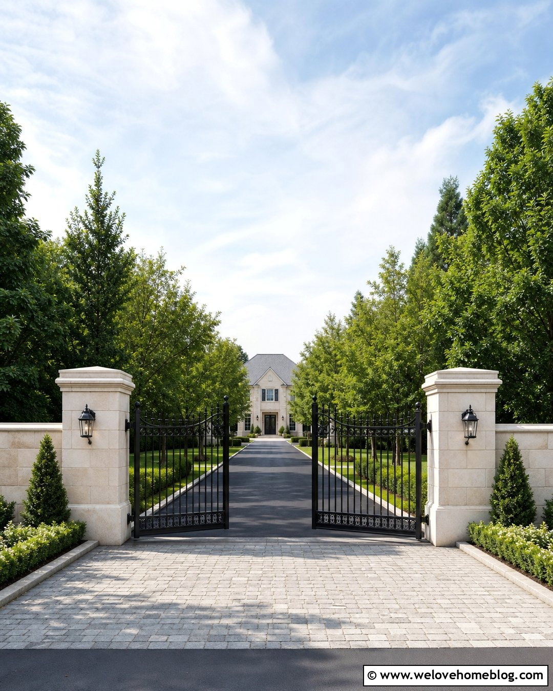 Automatic Cast Iron Gate With Limestone Pillars - 20 Cast Iron Driveway Gates Ideas