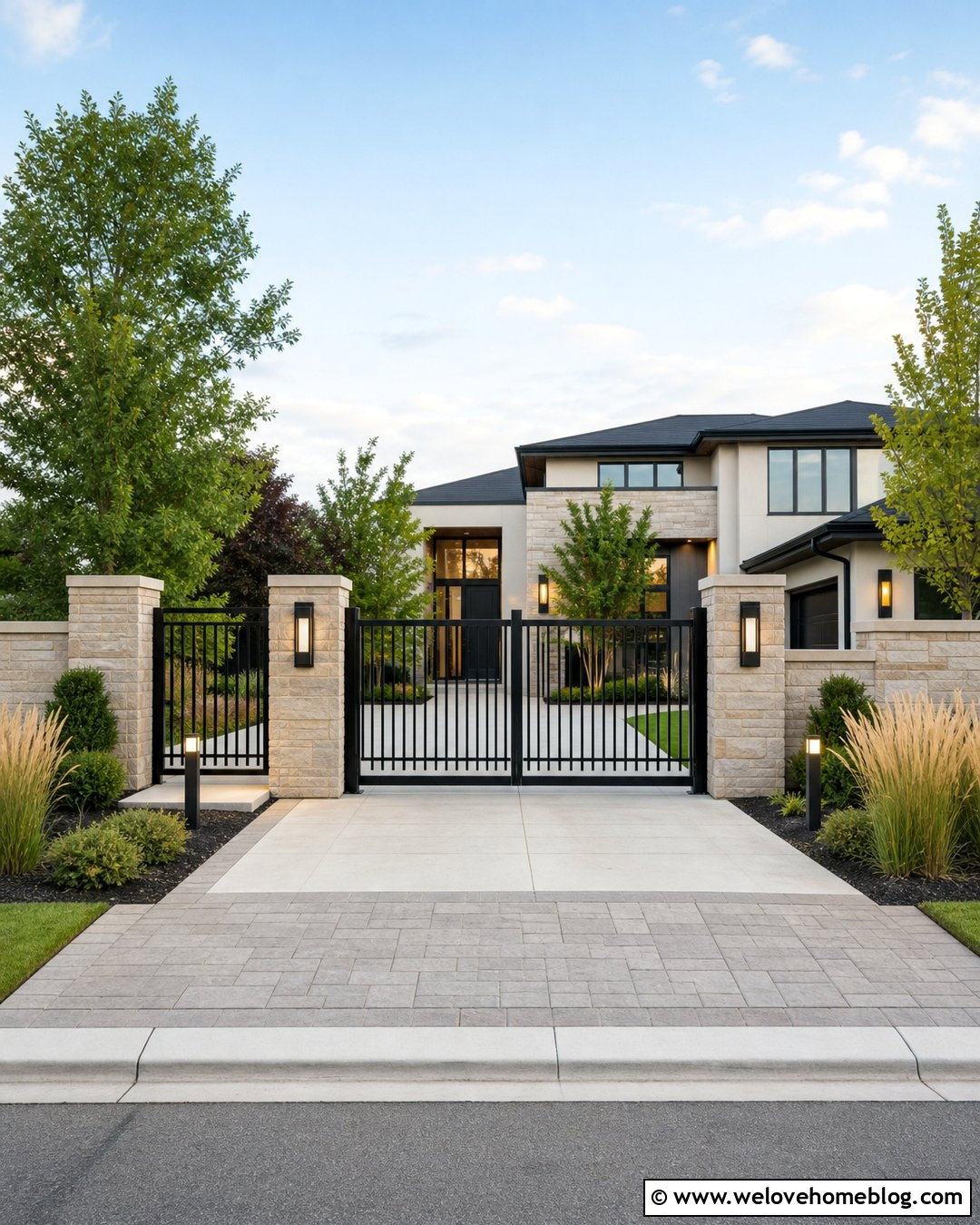 Automatic Driveway Gate With Safety Lighting - 35 Front Gate Entrance Driveway Ideas