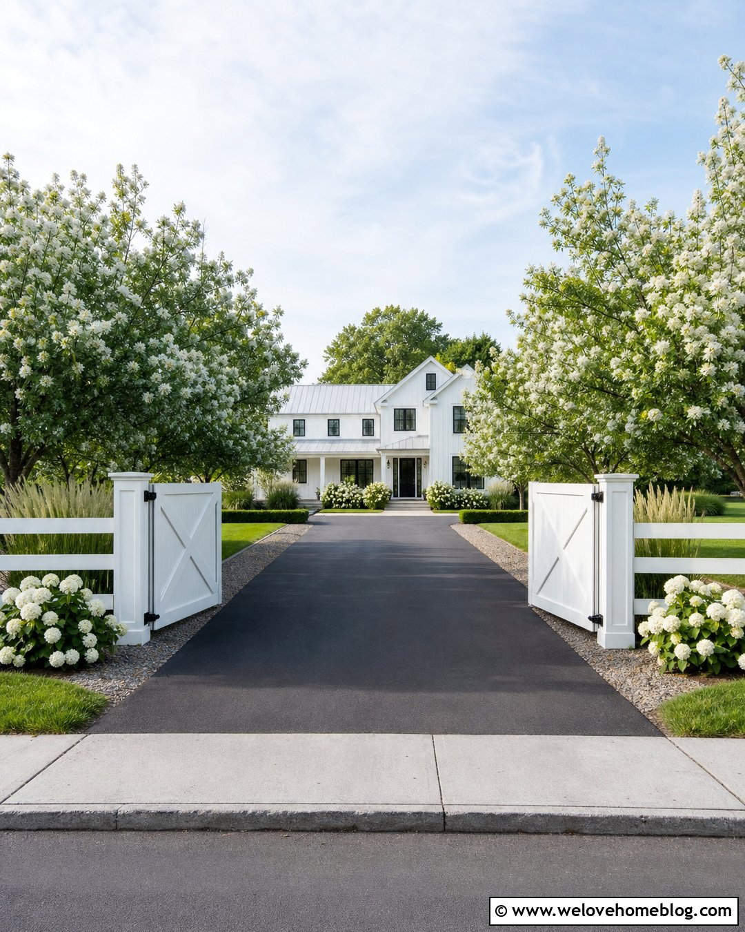 Automatic Farmhouse Gate With Asphalt Driveway - 30 Automatic Gates Driveways Ideas