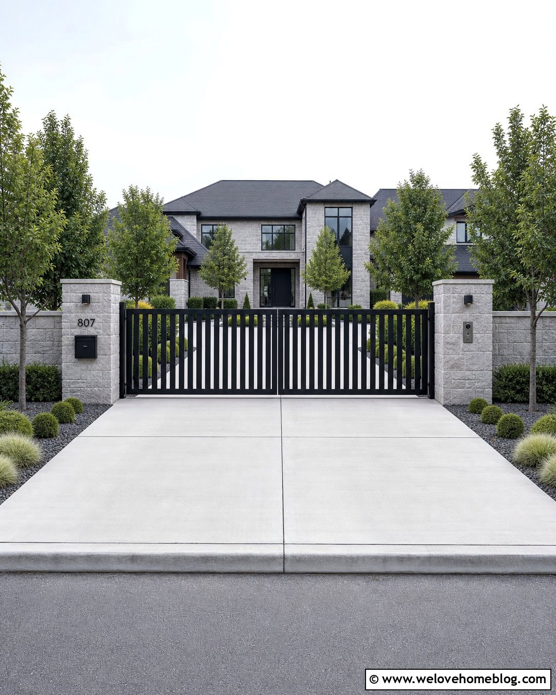 Automatic Gate With Modern Stone Columns - 30 Automatic Gates Driveways Ideas