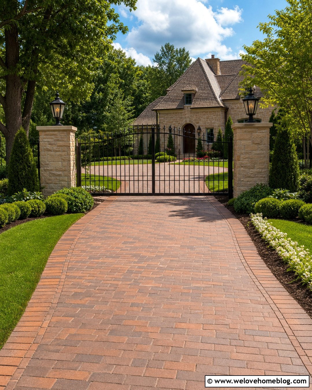 Automatic Gate With Stone Pillars And Lanterns - 20 Entrance Gates Driveway Stone Pillars Ideas