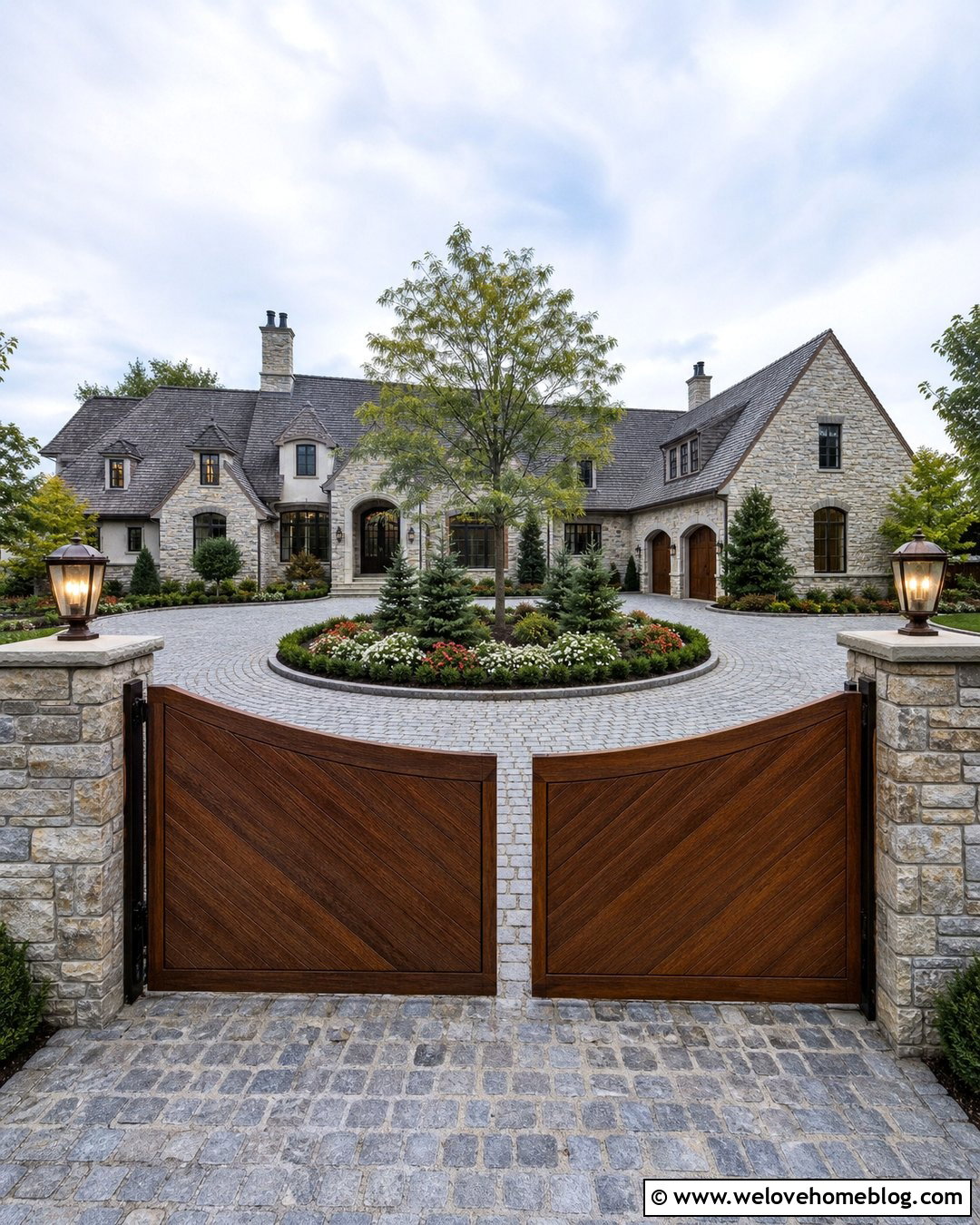 Automatic Ipe Wood Gate With Circular Cobblestone Driveway - 20 Wood Gates Driveway Ideas
