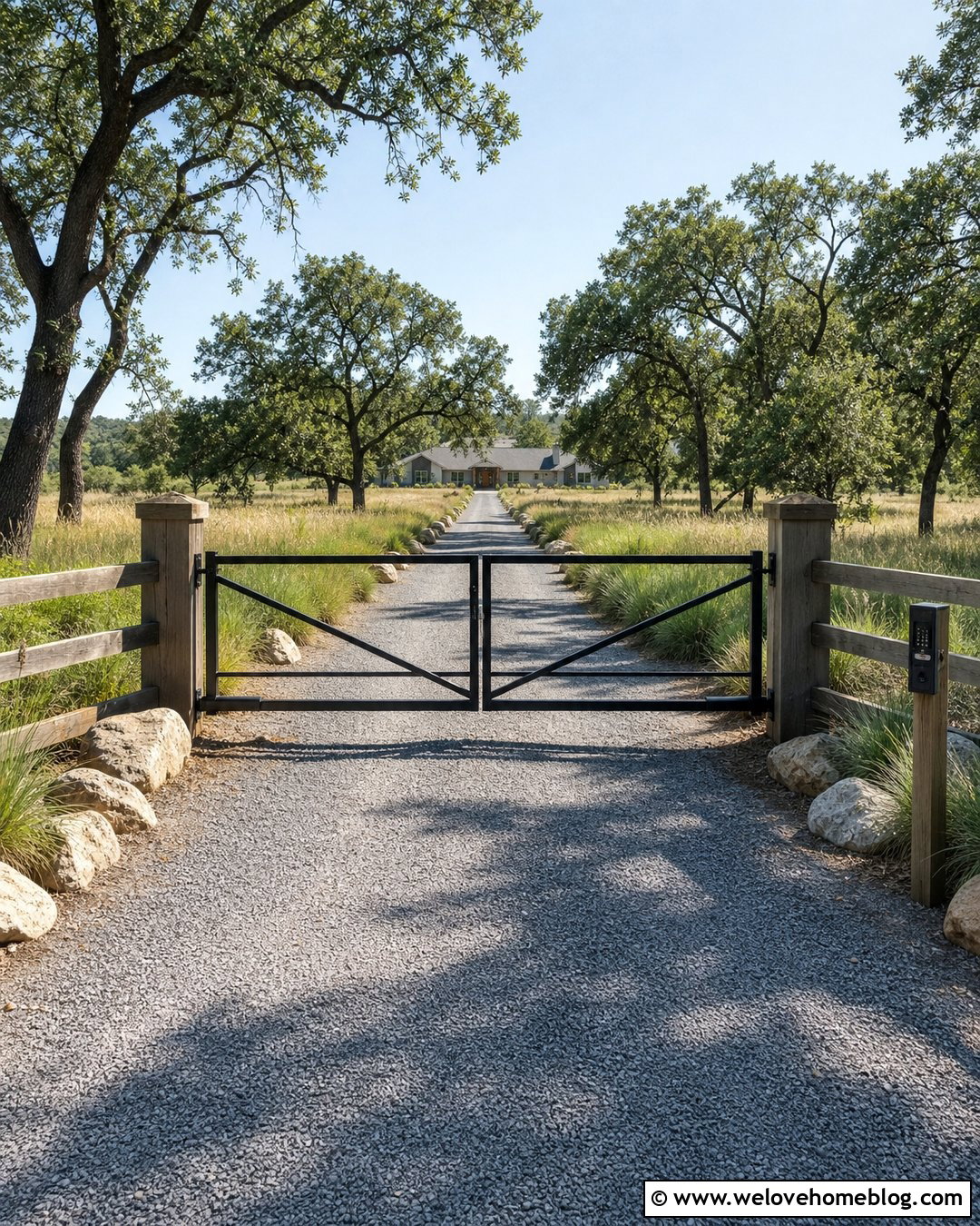 Automatic Ranch Gate With Crushed Stone Driveway - 30 Automatic Gates Driveways Ideas