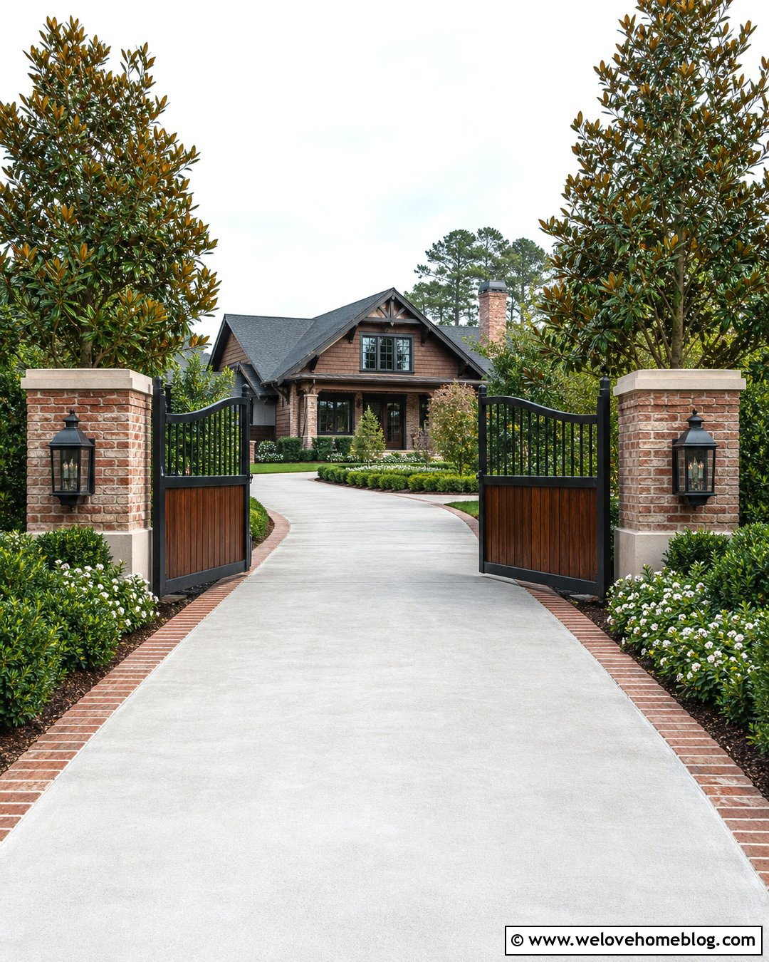 Automatic Wood And Iron Gate With Brick Borders - 30 Automatic Gates Driveways Ideas