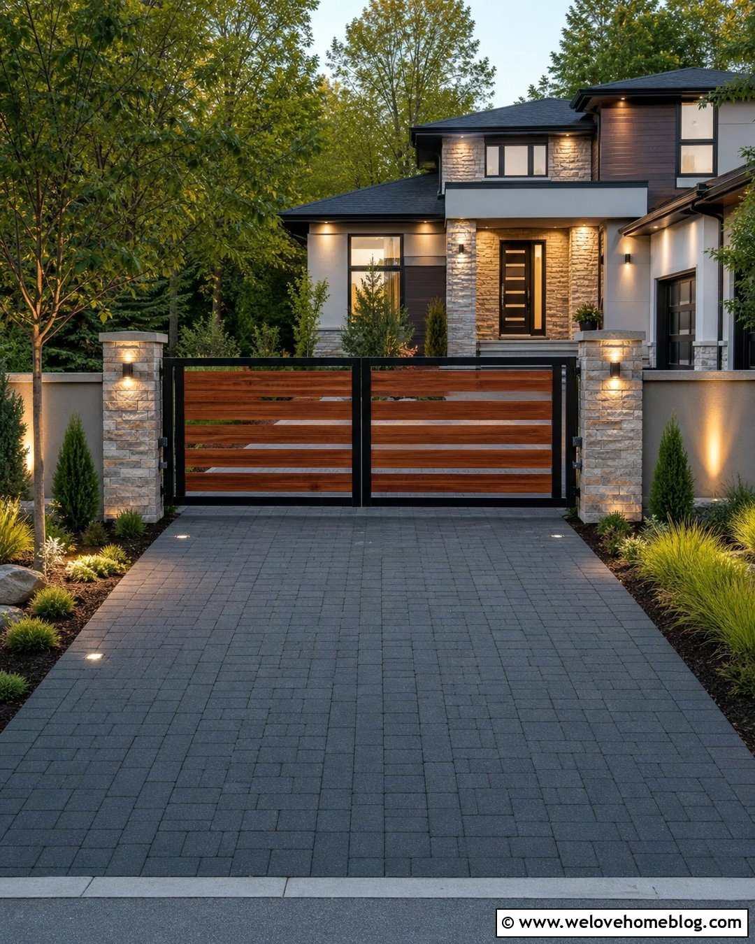 Automatic Wood Driveway Gate With Lighting - 25 Wood Driveway Gate Ideas