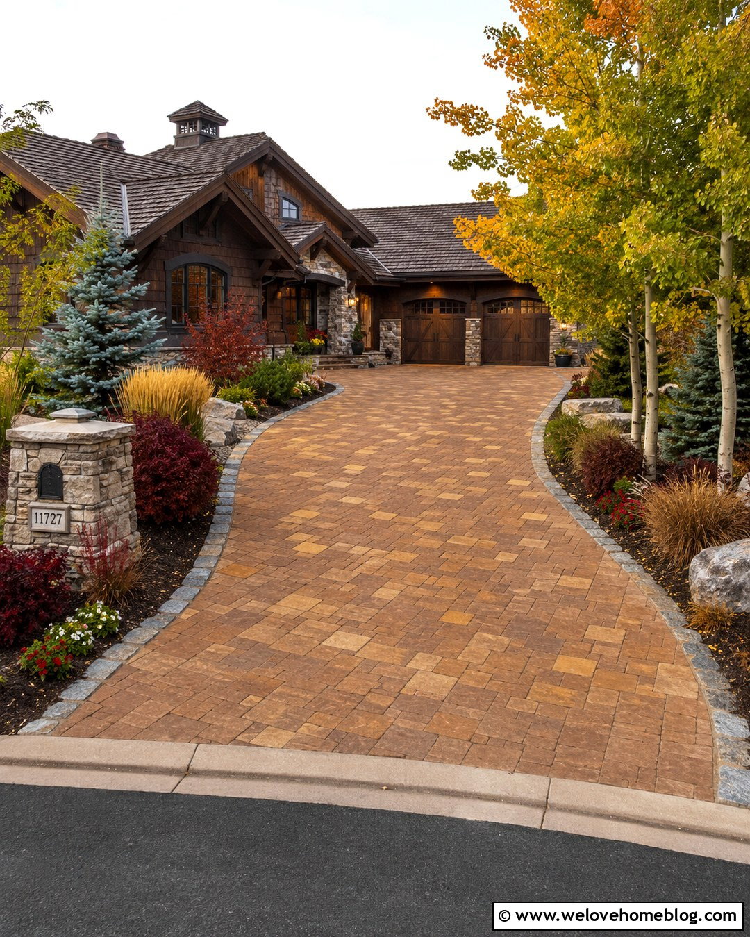 Autumn Blend Paver Driveway With Stone Edging - 20 colorful paver driveway ideas