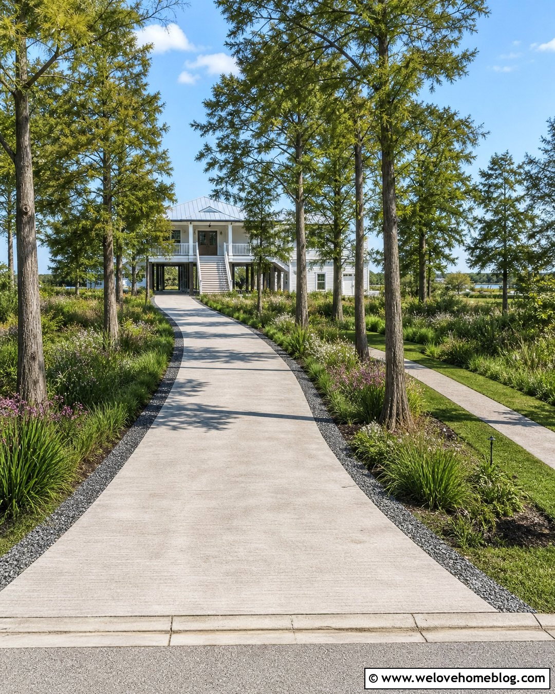 Bald Cypress Tree Lined Concrete Driveway - 40 Tree Lined Driveway Ideas