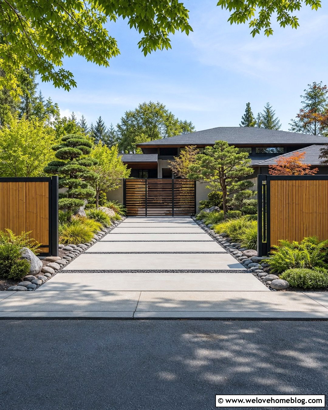 Bamboo Fence Driveway Entrance With Concrete Strips - 25 fence driveway entrance ideas