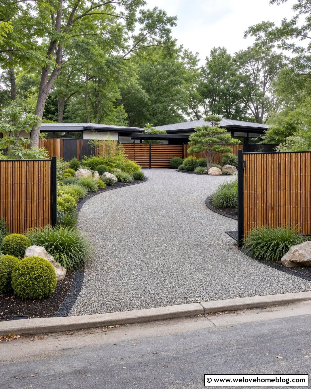 Bamboo Screen Fence Gravel Driveway Entrance - 20 Driveway Entrance Fence Ideas