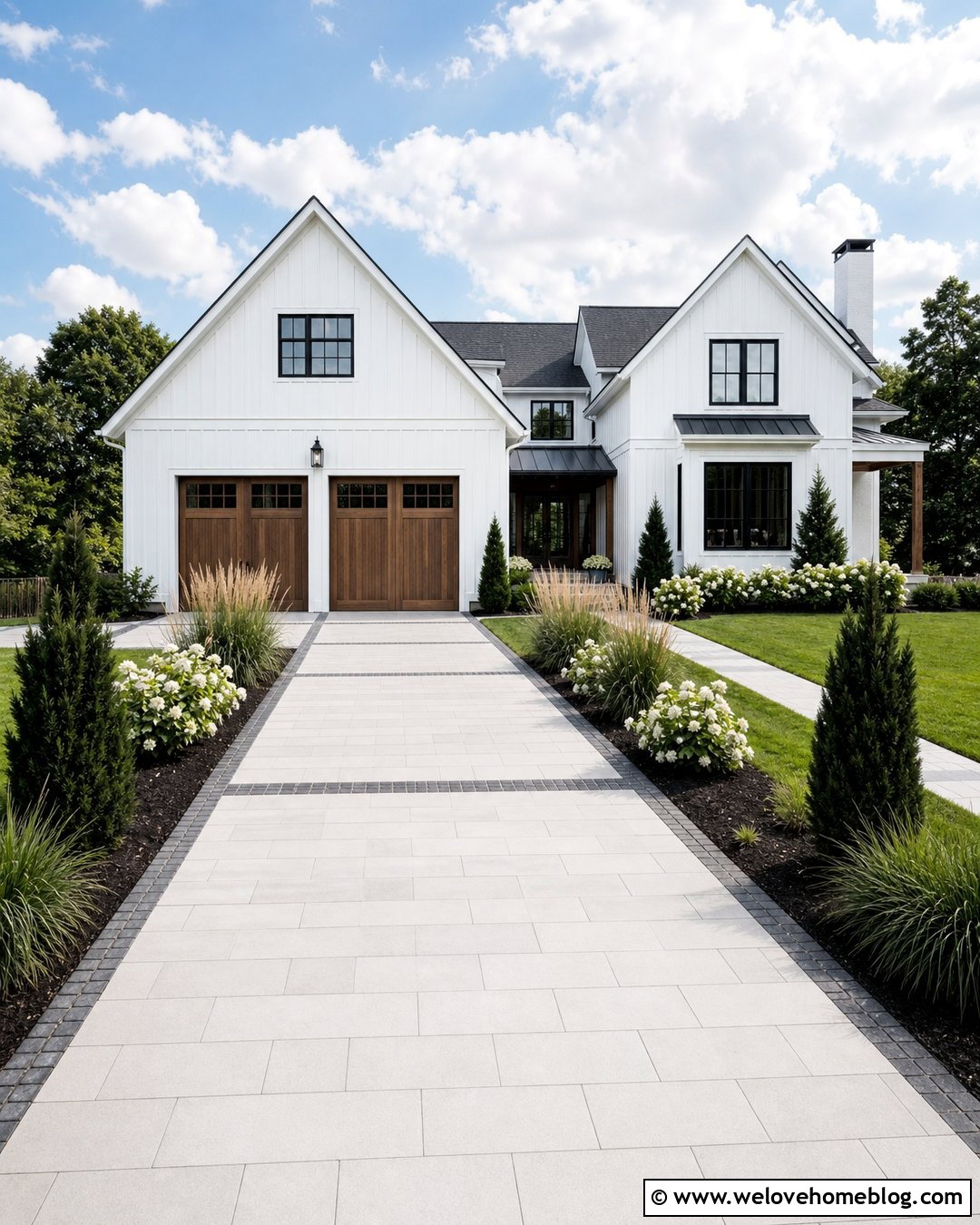 Basalt Border With Light Paver Driveway - 20 Stone Driveway Border Ideas