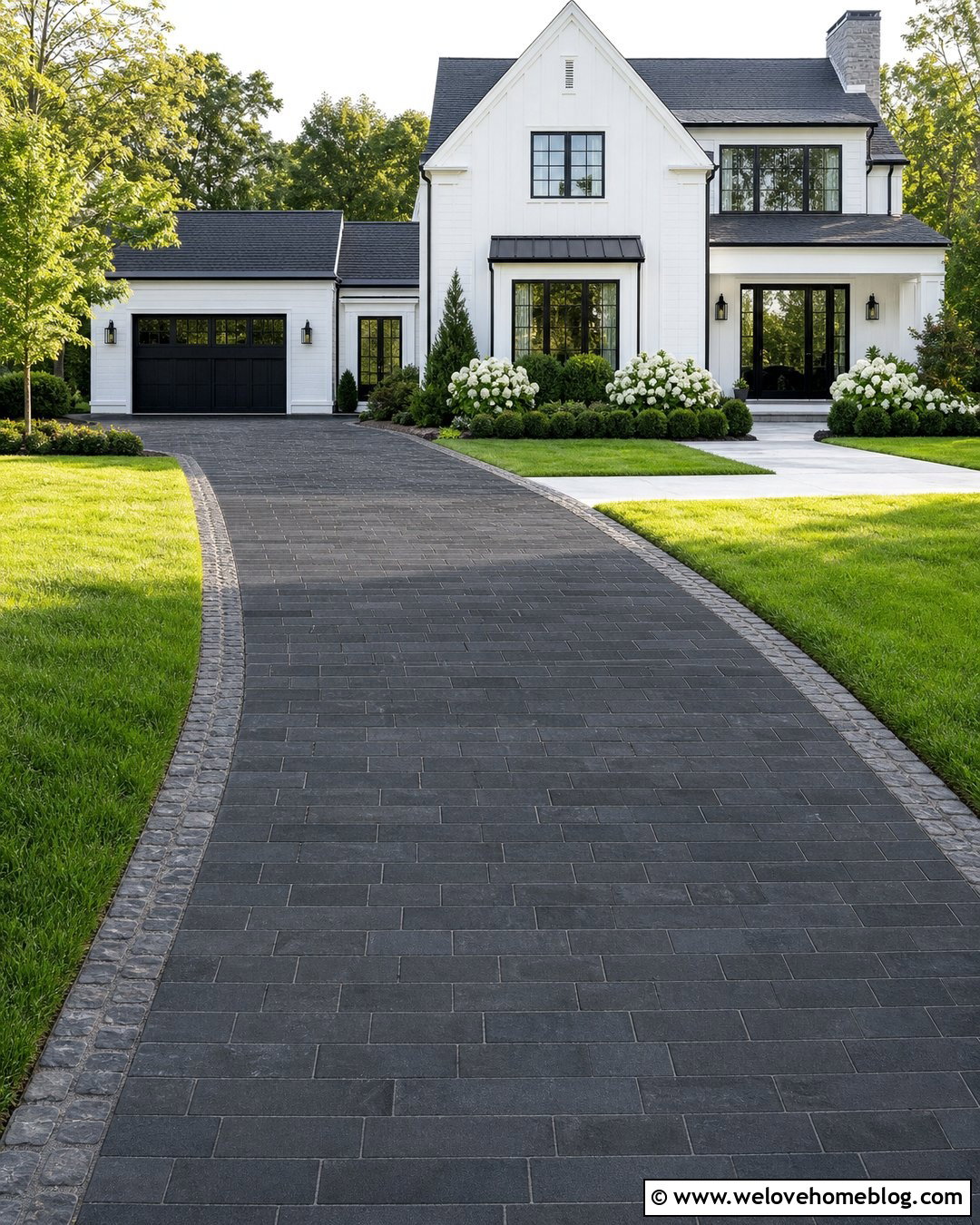 Basalt Driveway With White House Exterior - 20 Basalt Driveway Ideas