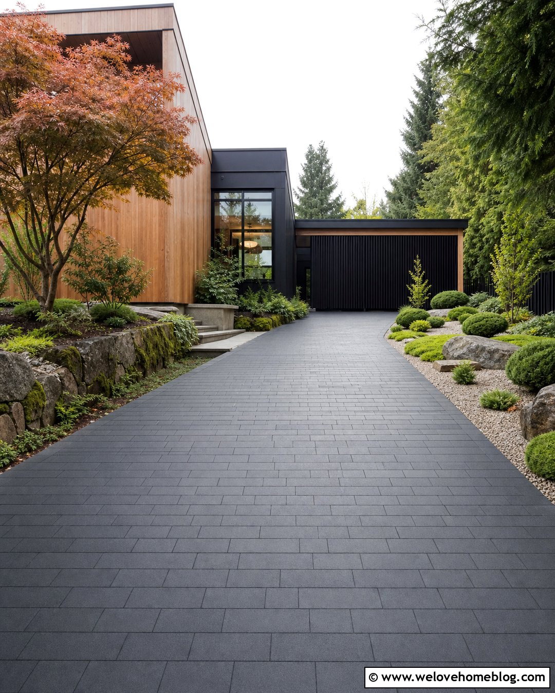 Basalt Paver Driveway With Japanese Landscaping - 25 Luxury Driveway Landscaping Ideas