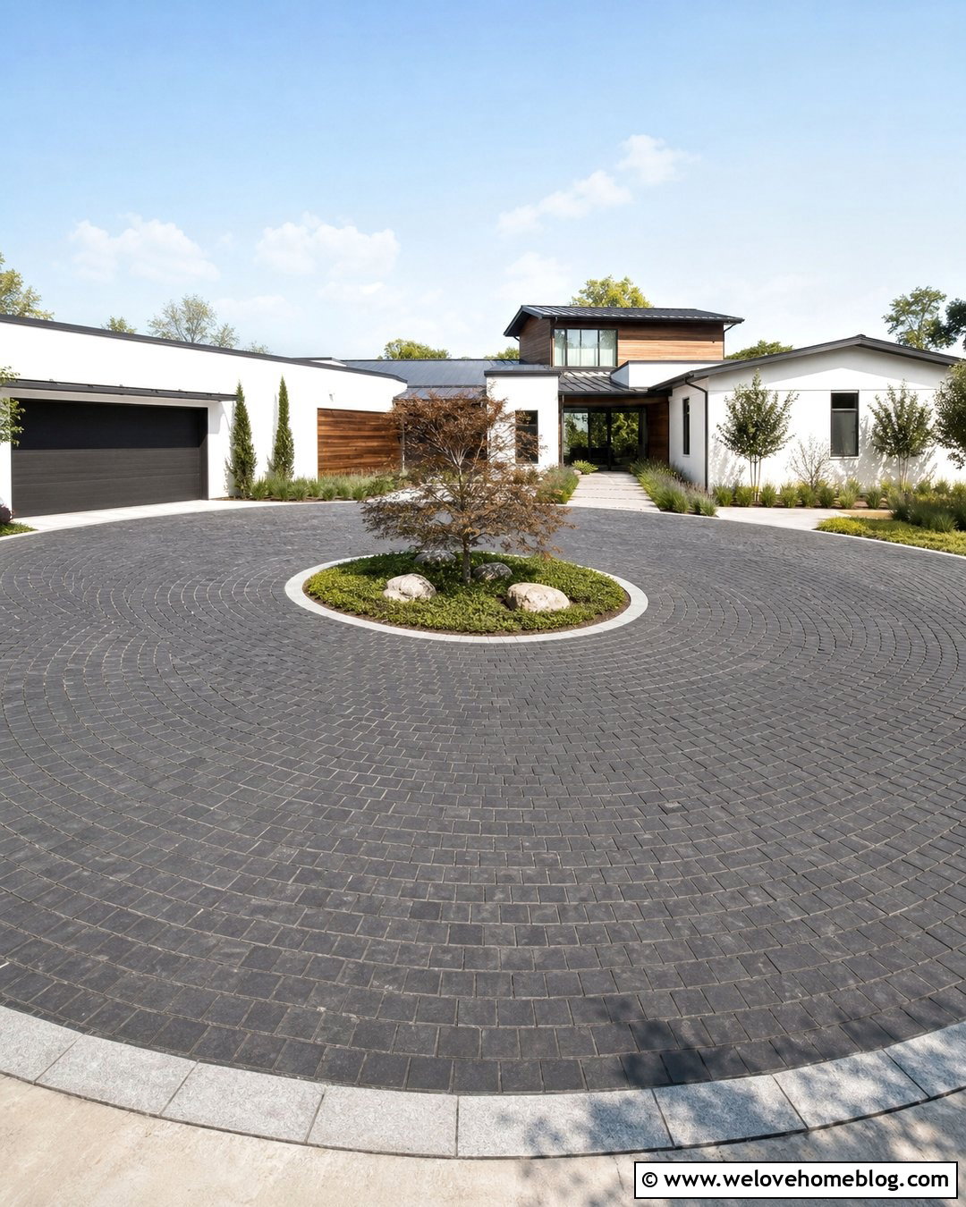 Basalt Paver Roundabout Driveway With Minimalist Island