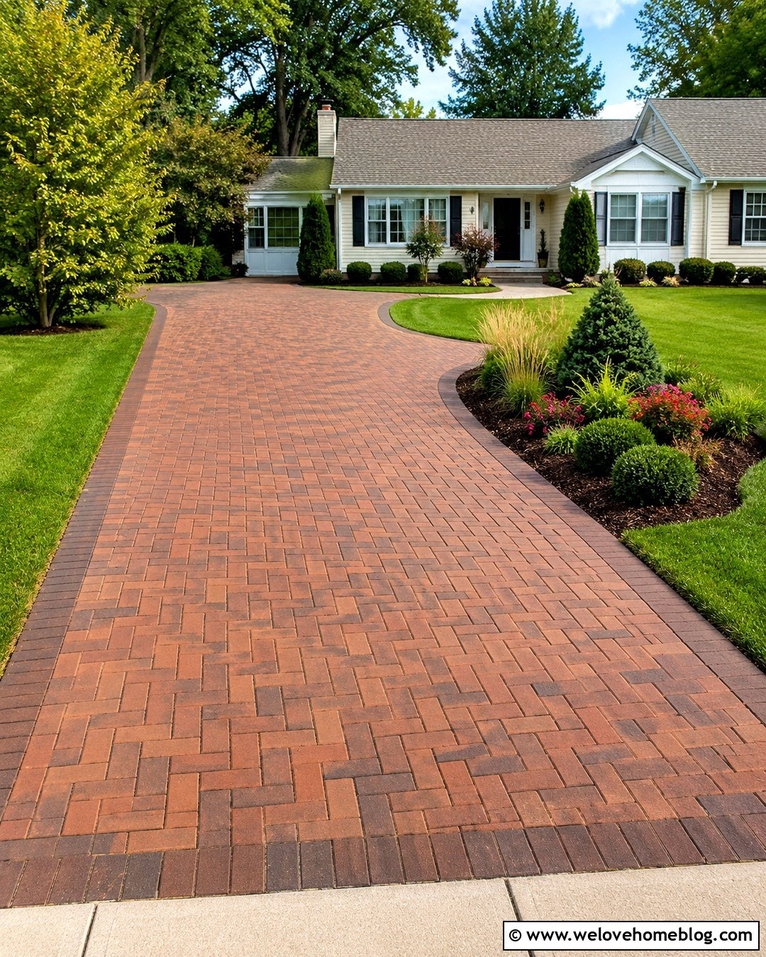 Basketweave Brick Driveway For A Ranch House - 20 Brick Driveway In Suburban Neighborhood Ideas