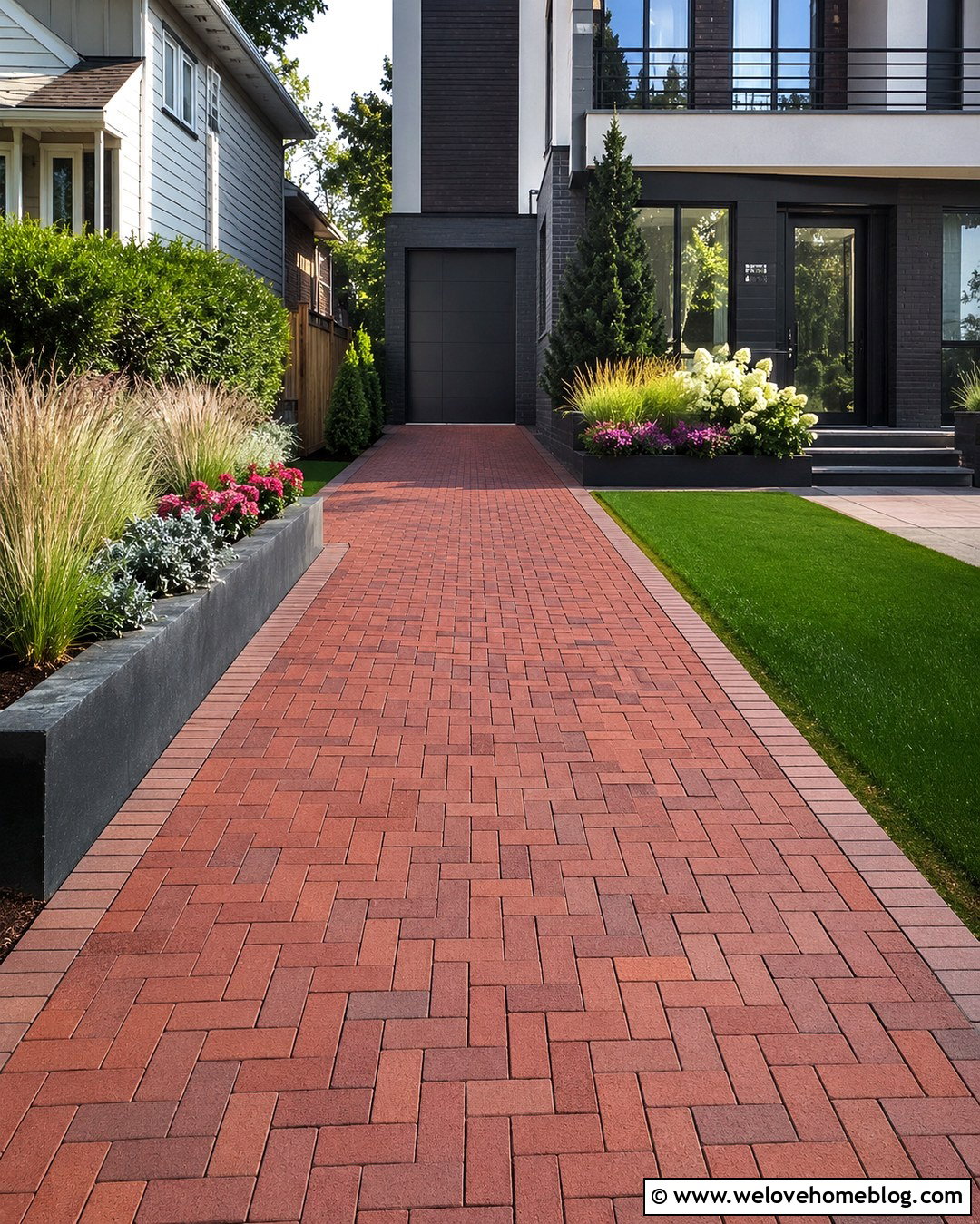 Basketweave Brick Driveway With Raised Garden Beds - 20 Modern Brick Driveway With Landscaping Ideas