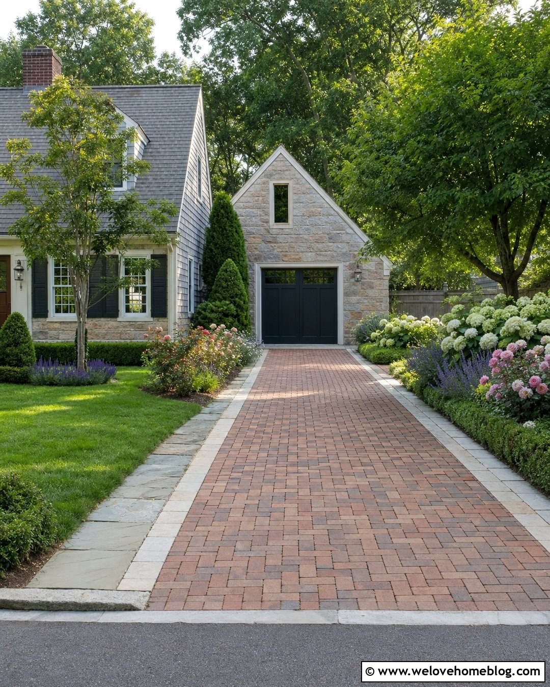 Basketweave Brick Driveway With Sandstone Border - 20 Paved Driveway With Stone Border Ideas