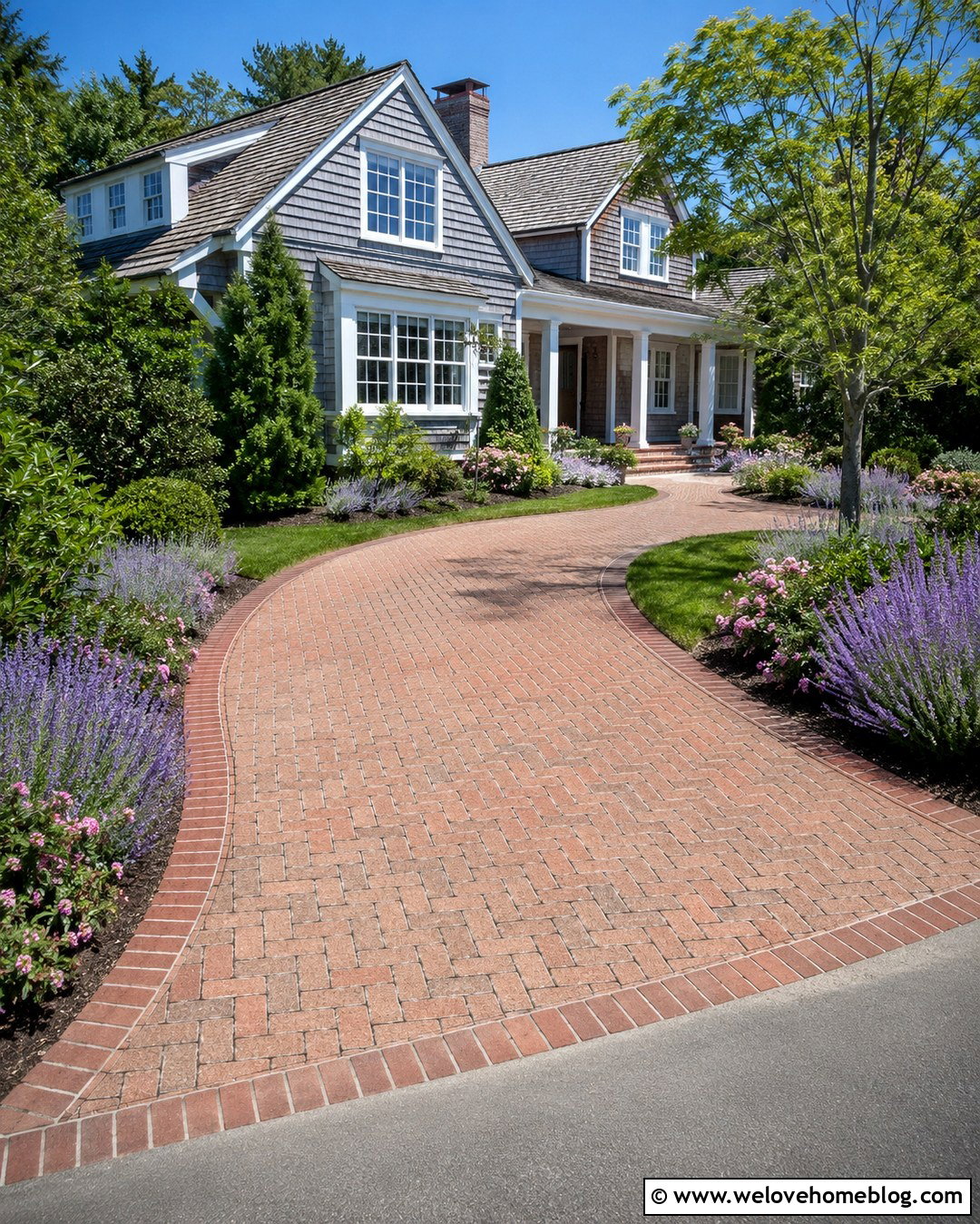 Basketweave Driveway Blocks With Cottage Landscaping - 20 Driveway Blocks Ideas