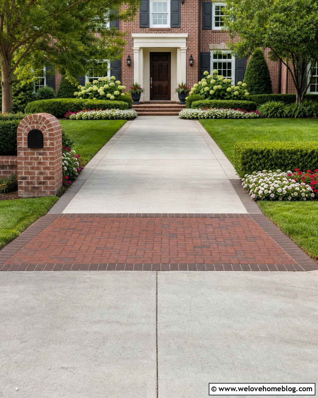 Basketweave Paver Apron With Brick House - 20 Paver Apron Driveway Ideas