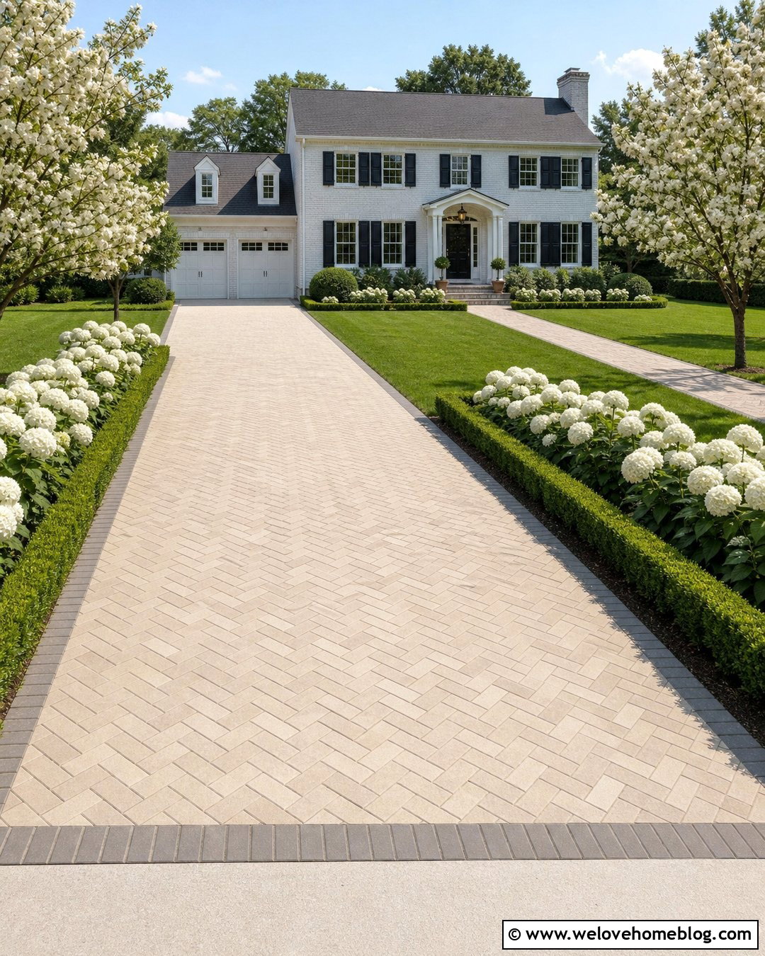 Basketweave White Brick Driveway With Boxwood Borders - 20 White Brick Driveway Ideas