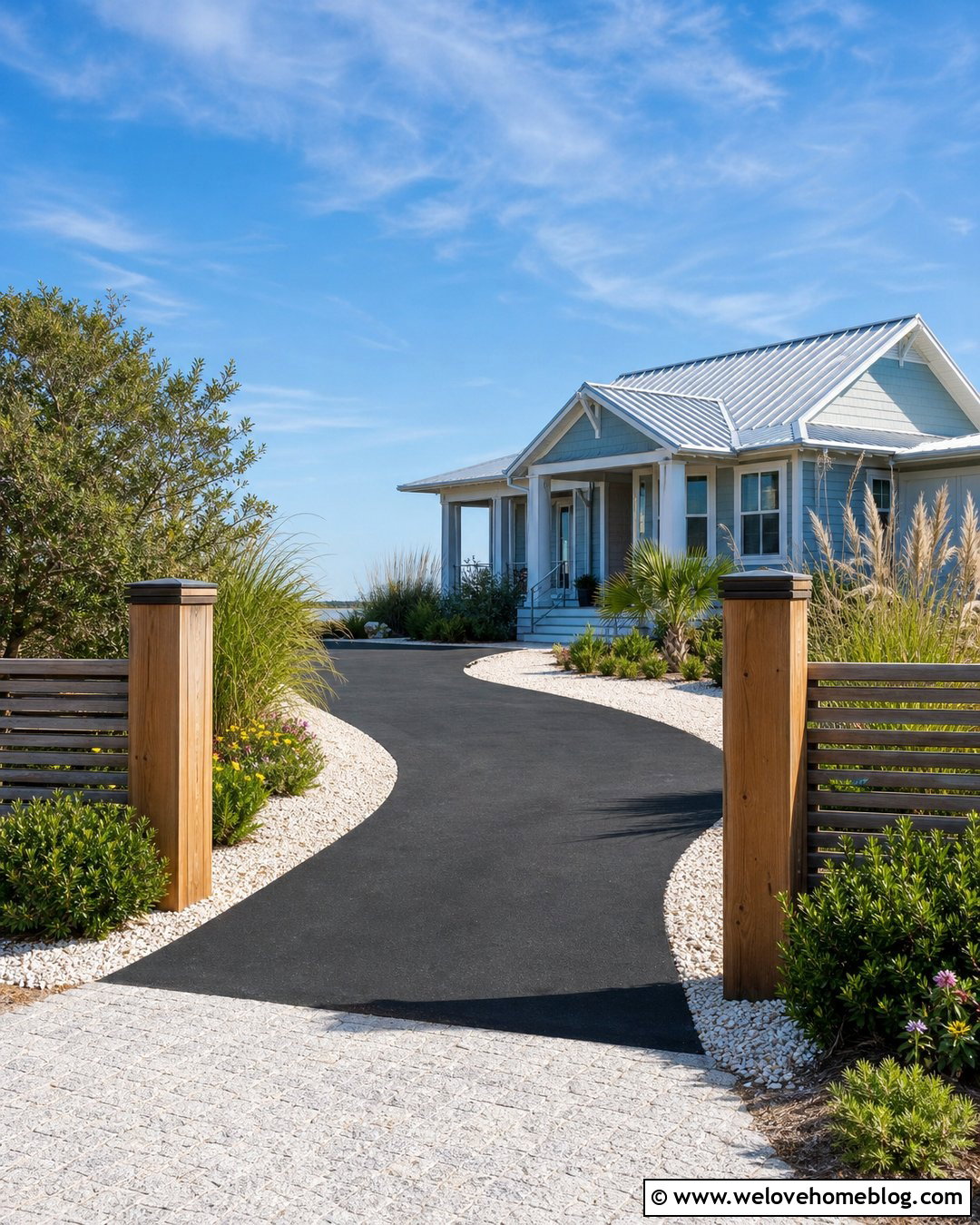 Beach House Driveway Entrance With Black Asphalt And Shell Border - 20 Beach House Driveway Entrance Ideas