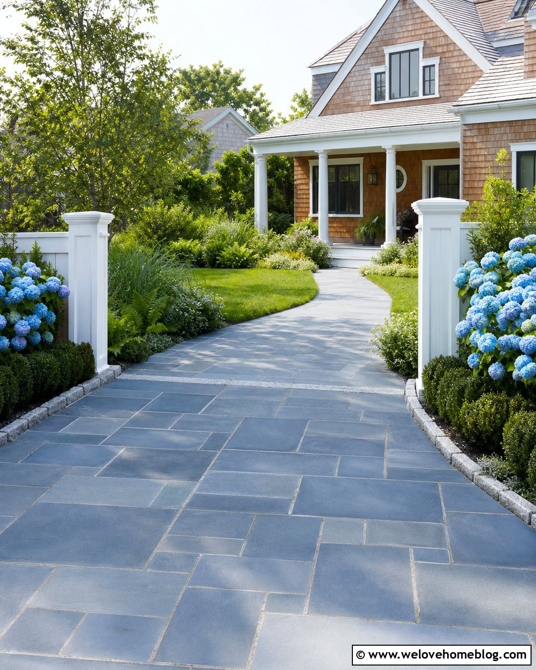 Beach House Driveway Entrance With Bluestone And Hydrangeas - 20 Beach House Driveway Entrance Ideas