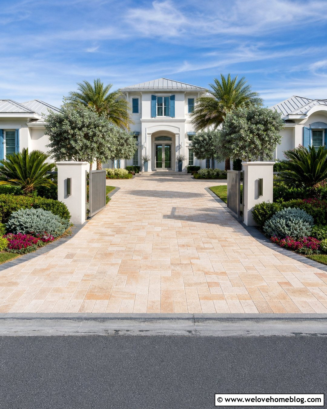 Beach House Driveway Entrance With Coral Stone Pavers - 20 Beach House Driveway Entrance Ideas