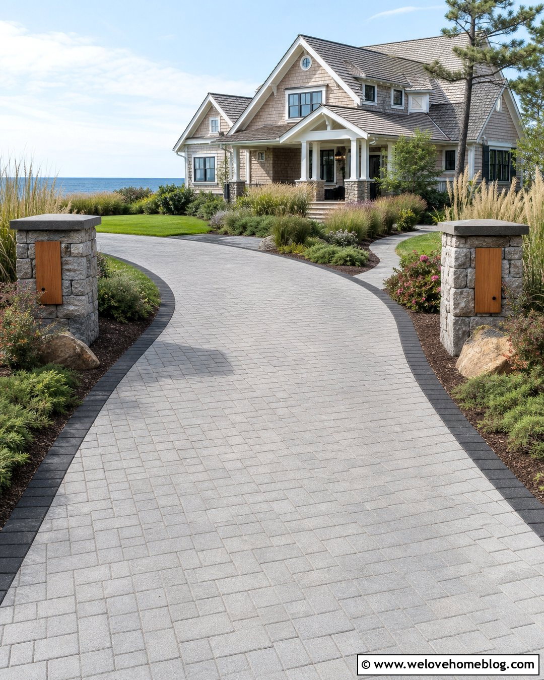 Beach House Driveway Entrance With Curved Gray Pavers - 20 Beach House Driveway Entrance Ideas
