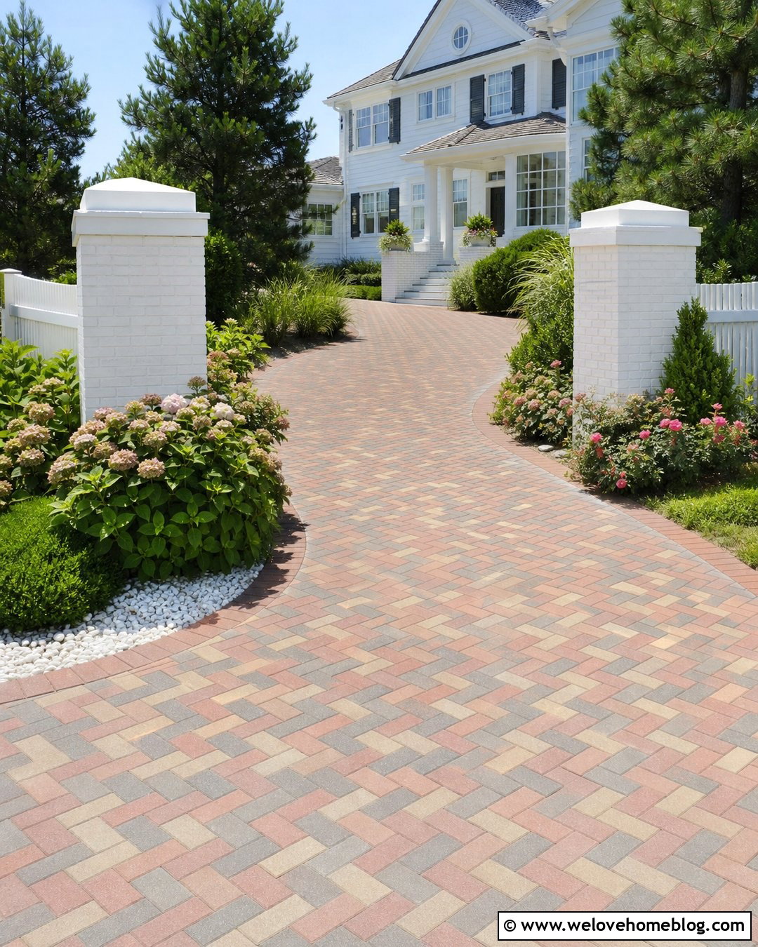 Beach House Driveway Entrance With Herringbone Brick Pavers - 20 Beach House Driveway Entrance Ideas