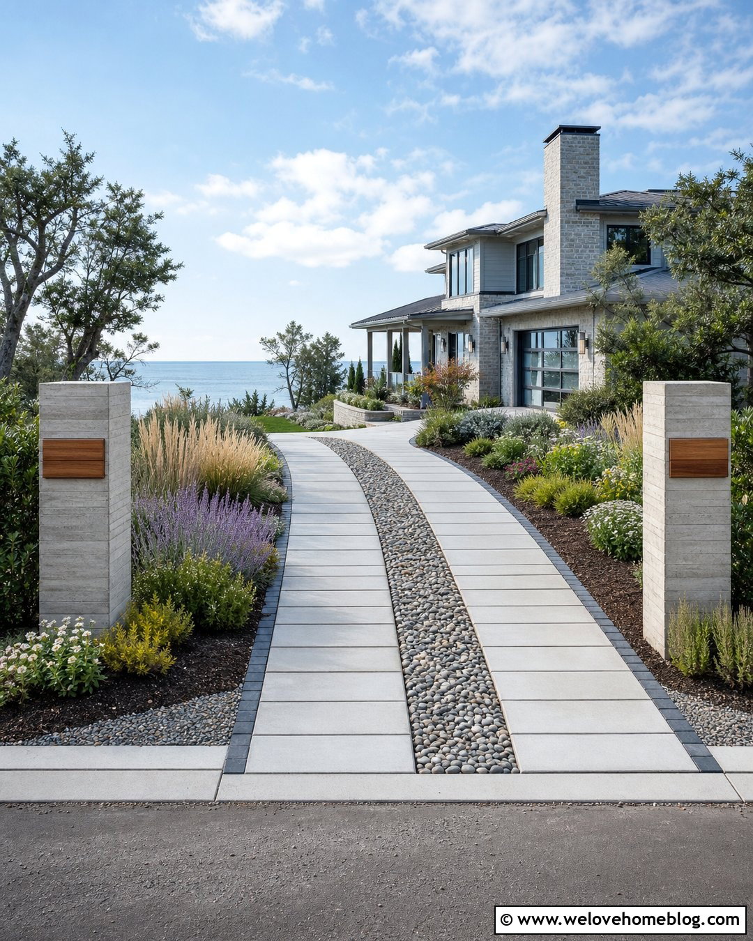 Beach House Driveway Entrance With Split Pavers And Rain Garden - 20 Beach House Driveway Entrance Ideas