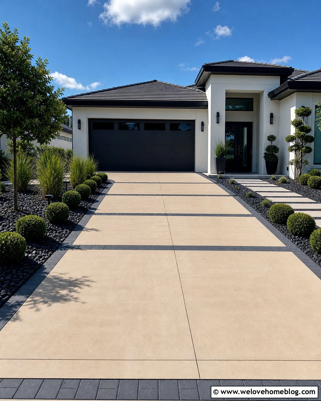 Beige Concrete Driveway With Charcoal Paver Bands - 20 Beige Concrete Driveway Ideas