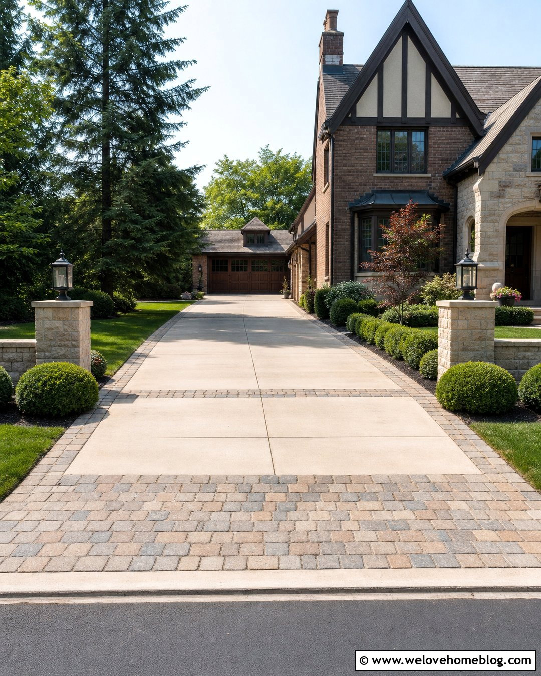 Beige Concrete Driveway With Cobblestone Apron - 20 Beige Concrete Driveway Ideas