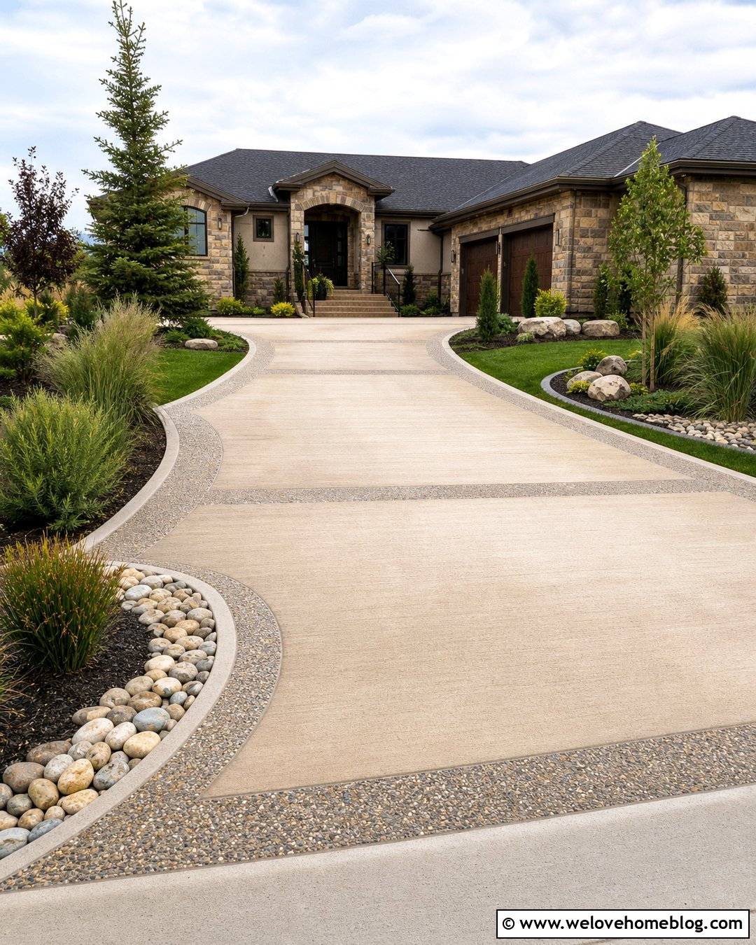 Beige Concrete Driveway With Exposed Aggregate Bands - 20 Beige Concrete Driveway Ideas