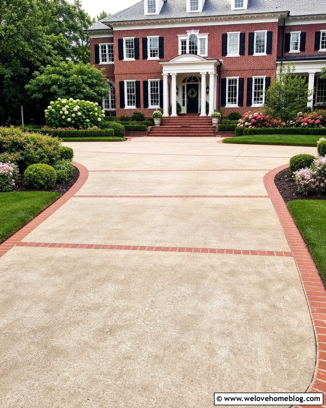 Beige Concrete Driveway With Red Brick Ribbons - 20 Beige Concrete Driveway Ideas