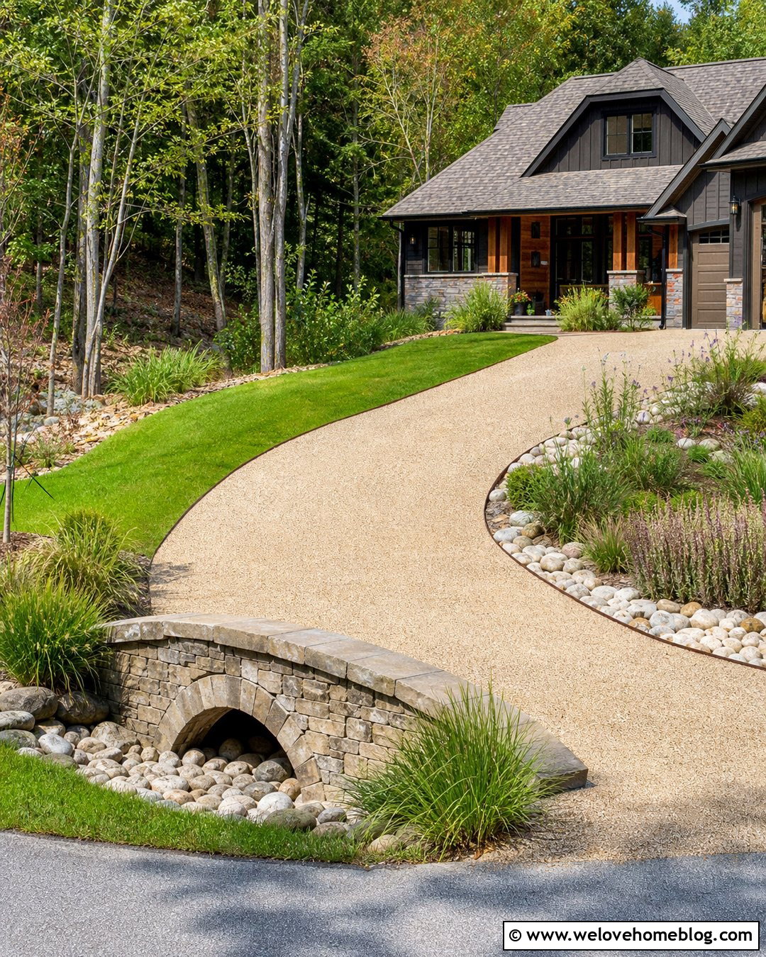 Beige Gravel Driveway With Drainage Swale - 20 Beige Gravel Driveway Ideas