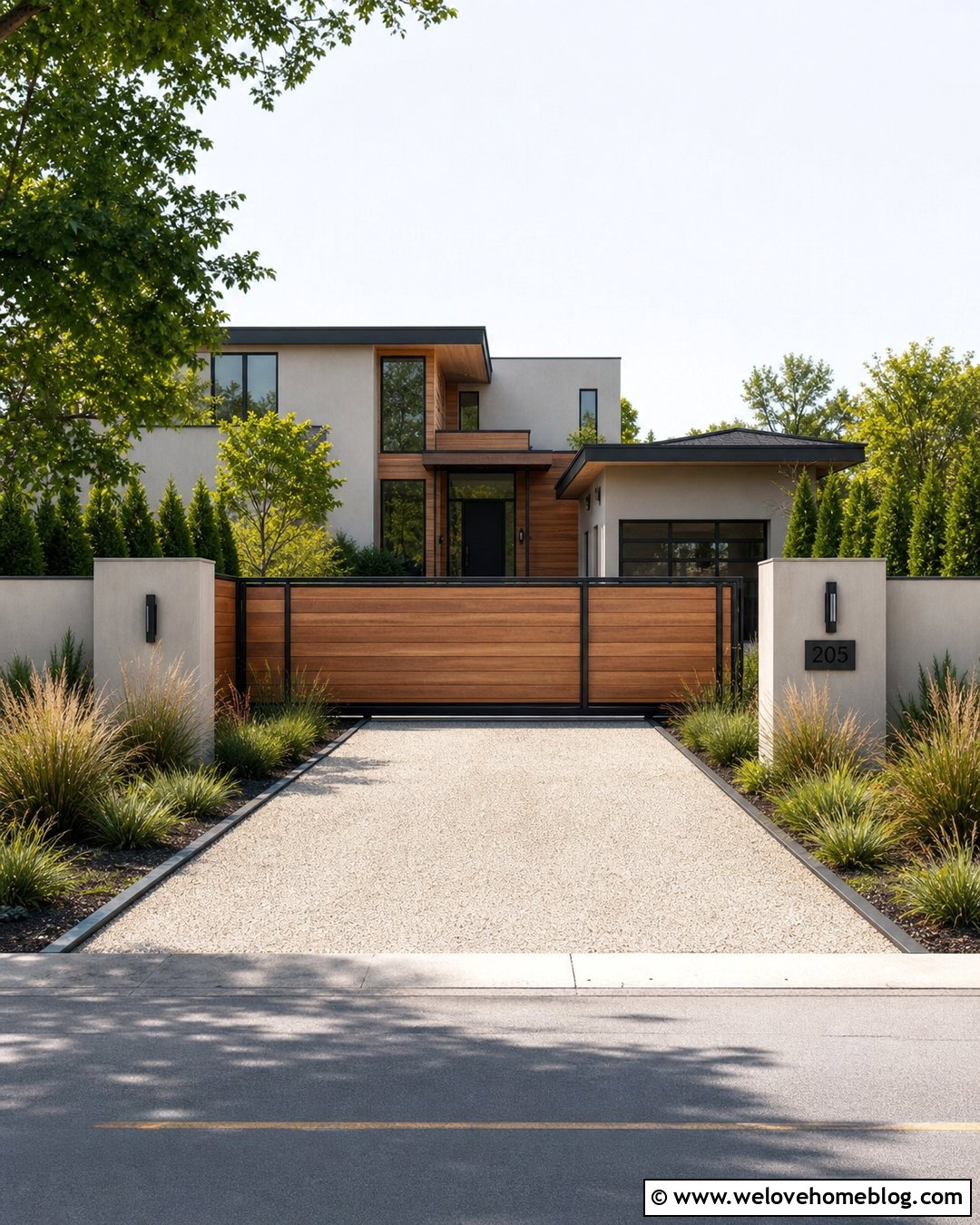 Beige Gravel Driveway With Modern Gate - 20 Beige Gravel Driveway Ideas