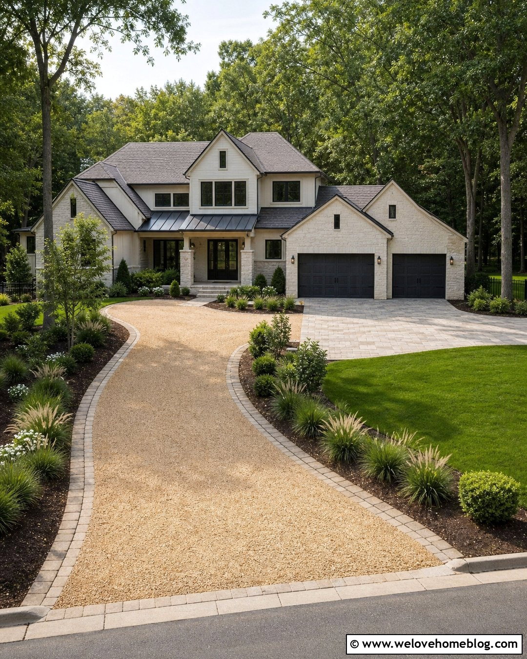 Beige Gravel Driveway With Paver Parking Pad - 20 Beige Gravel Driveway Ideas
