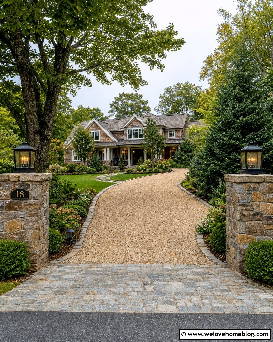 Beige Gravel Driveway With Stone Pillars - 20 Beige Gravel Driveway Ideas