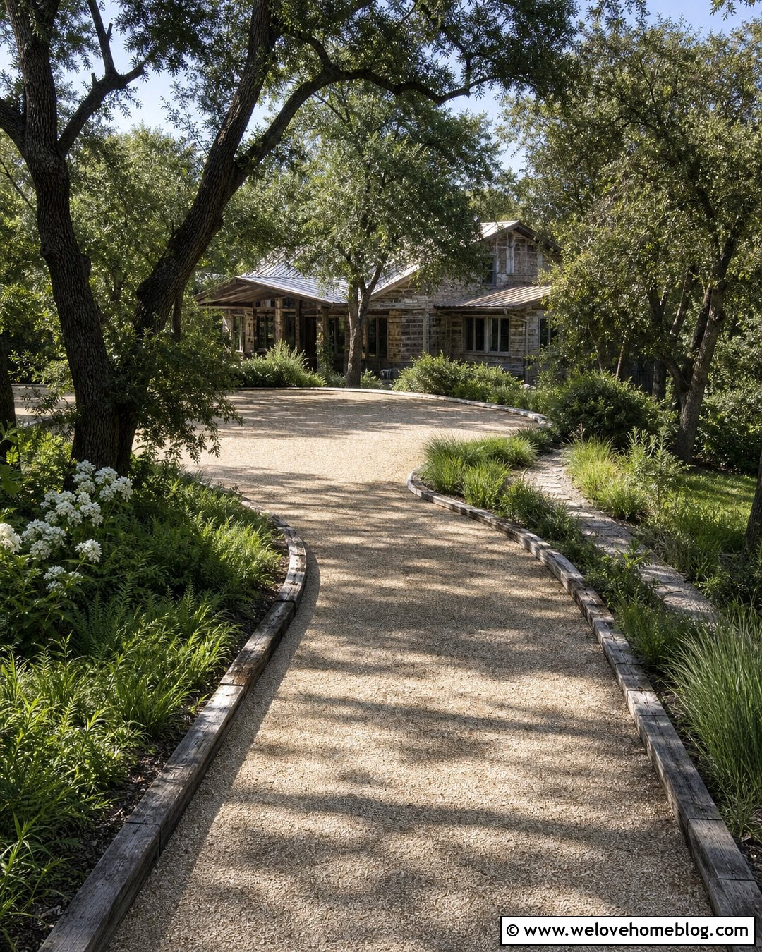 Beige Gravel Driveway With Timber Edging - 20 Beige Gravel Driveway Ideas