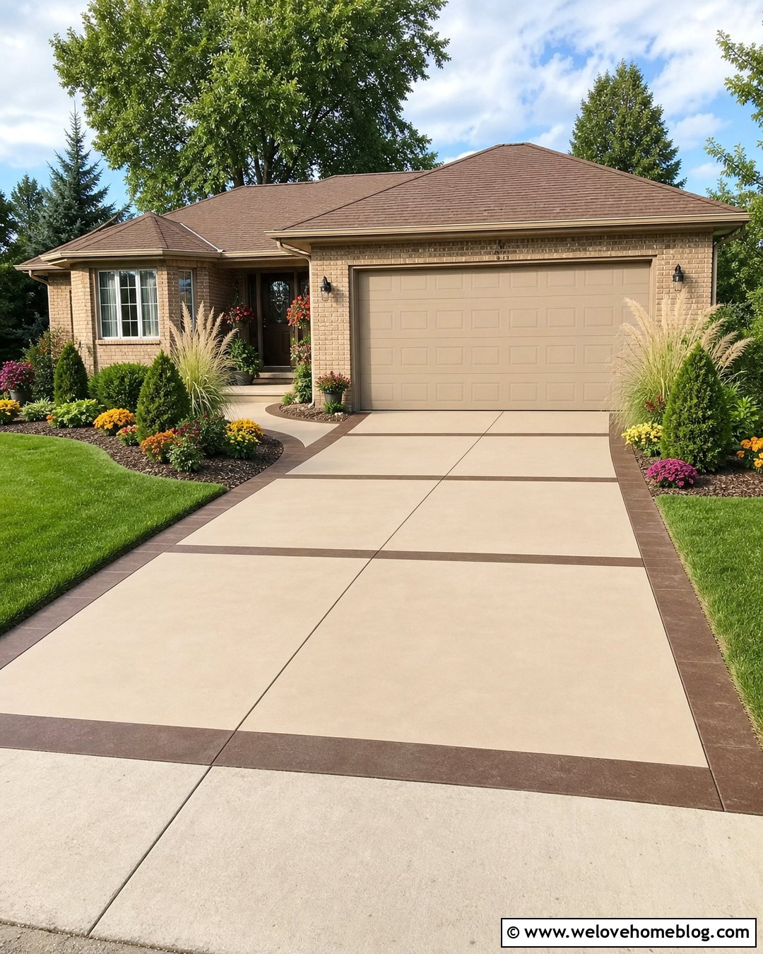 Beige Painted Driveway With Brown Bands - 30 Painted Driveway Ideas