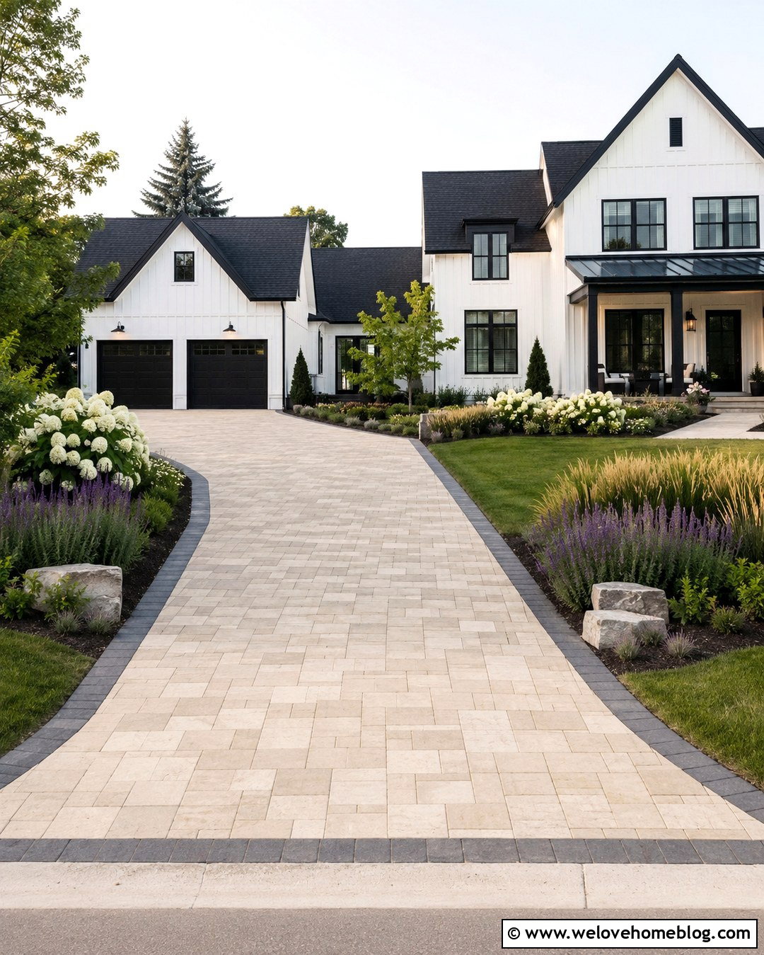 Beige Paved Driveway With Modern Farmhouse - 20 Paved Driveway With House Ideas