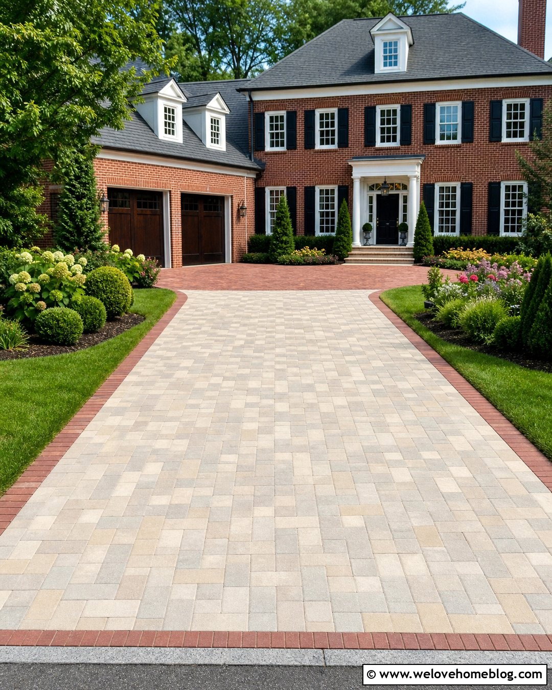 Beige Paver Driveway With Brick Border