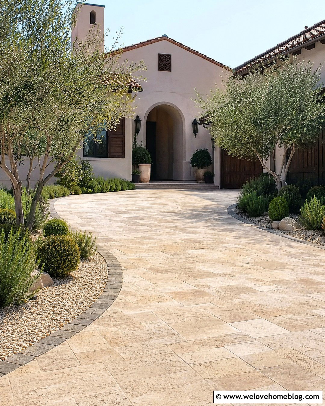 Beige Travertine Paver Driveway - 20 Neutral Color Driveway Design Ideas