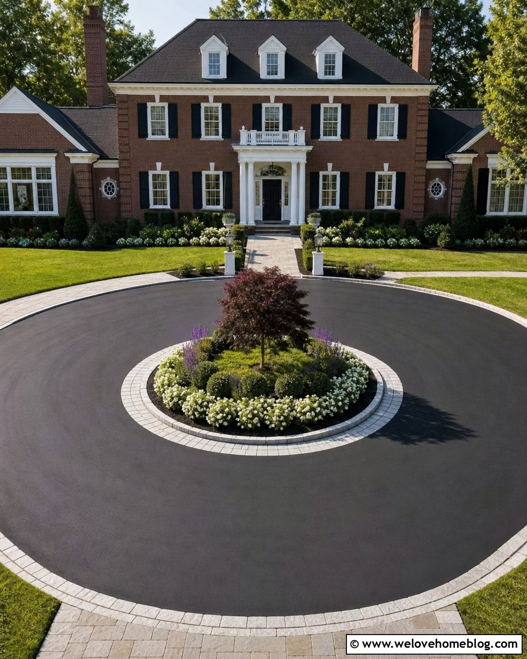 Belgian Block Flower Bed Edging Along a Circular Driveway - 20 Driveway Flower Bed Edging Ideas